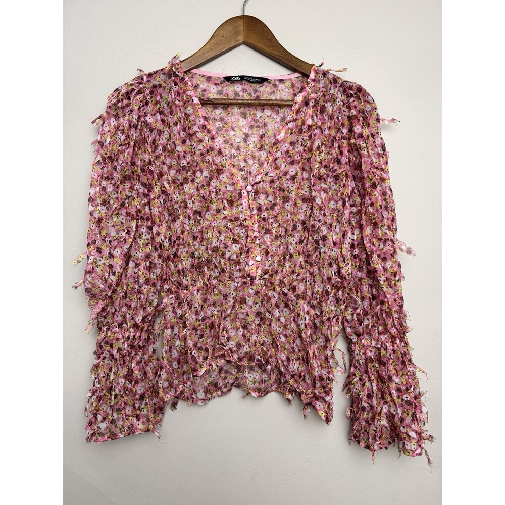 Zara Womens Top Size Small Boho Fringe Floral Blouse 3/4 Sleeve